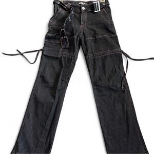 I AM GIA grunge black wide leg jeans with red stitching , belted, small